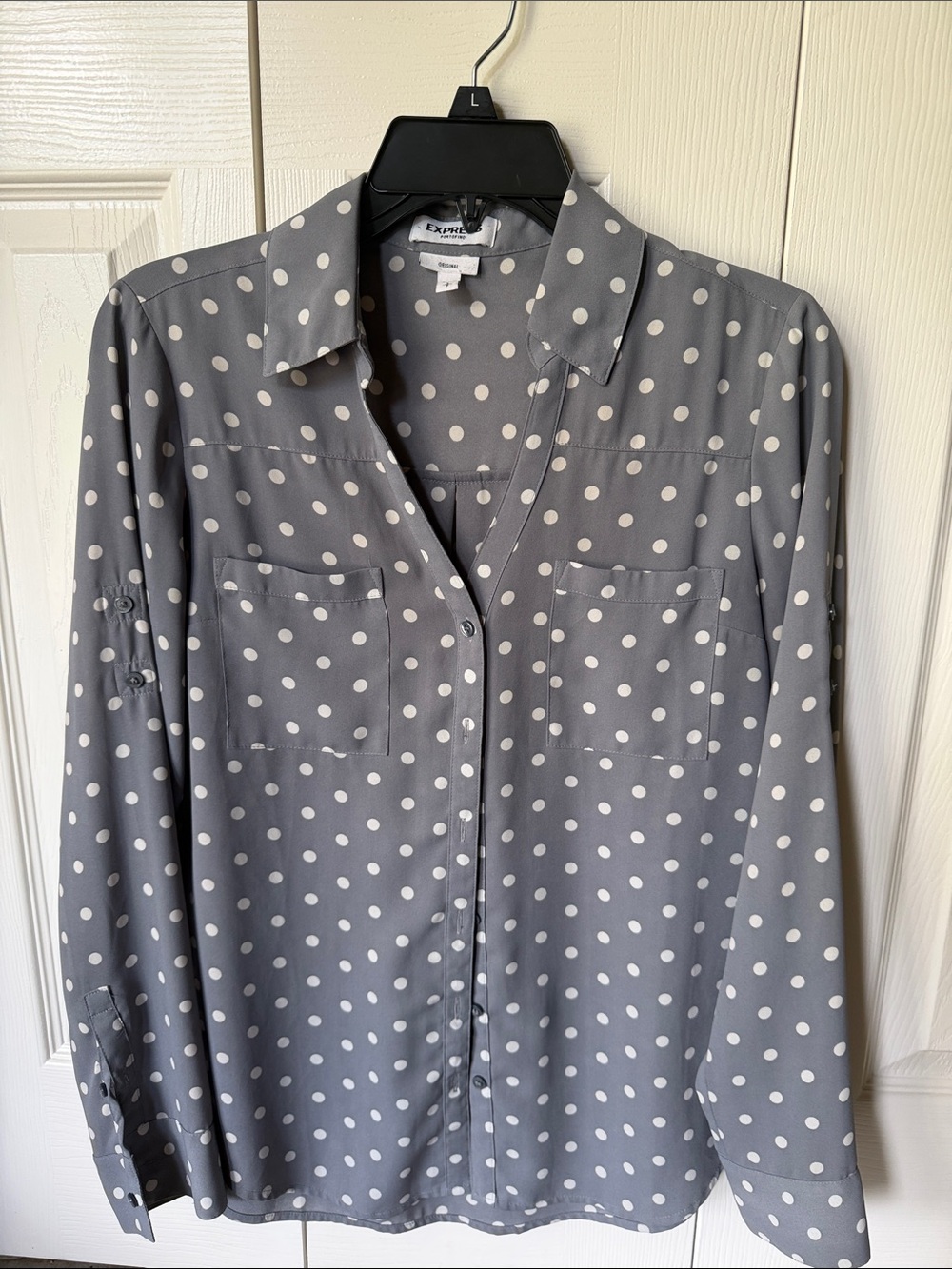 Express Gray and White Polka Dot Button-Down Blouse